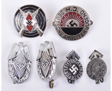 6x Badges of Hitler Youth Interest, consisting of enamel Hitler Youth shooting badge, HJ workers enamel badge, 2x miniature H