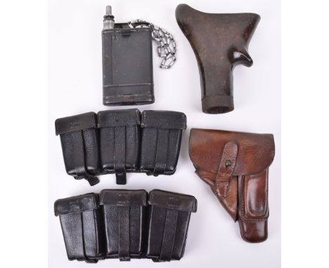 WW2 German Equipment, consisting of a slight miss-matched pair of black leather K98 ammunition pouches with RbNR numbers stam