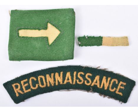 Rare WW2 British 45th Reconnaissance Regiment Insignia Grouping, consisting of embroidered shoulder title, far east made form