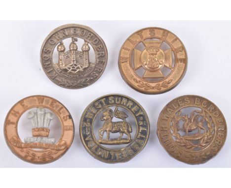 5x Other Ranks Helmet Plate Centres, consisting of examples for 2nd Volunteer Battalion Queens West Surrey regiment, Wiltshir