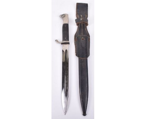 WW2 German Army Parade Bayonet with Frog, fine example having two piece black chequered grips and nickel eagle head pommel an