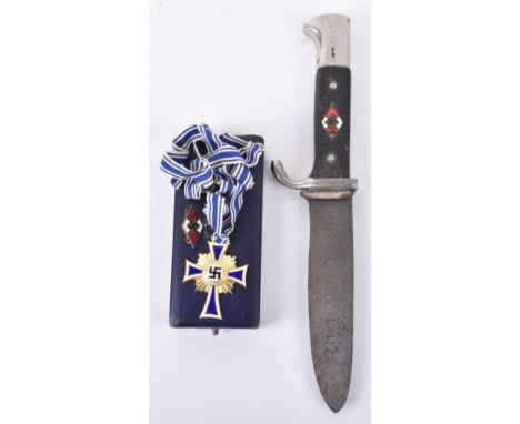 Third Reich Hitler Youth Boys Dagger by Tiger Solingen, untouched as found example with two piece black chequered grips havin