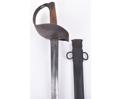 British 1899 Pattern Cavalry Troopers Sword, with wooden grip, large steel dish guard. Housed in its original steel scabbard 