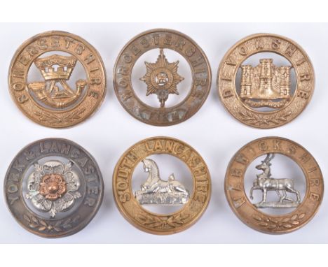 6x Other Ranks Helmet Plate Centres, consisting of examples for Devonshire regiment, Somerset Light Infantry, Worcestershire 
