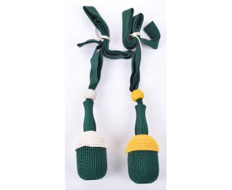 2x German Army Jager WW2 Bayonet Knots, Jager Troops with green cotton strap, yellow top, green centre, yellow top above gree