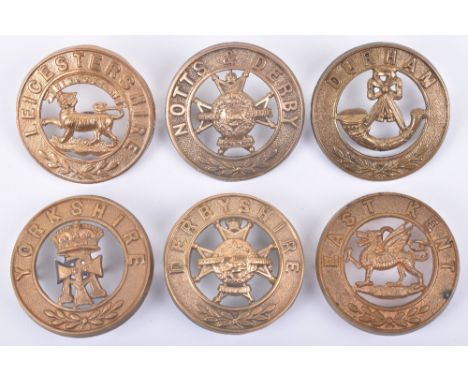 6x Other Ranks Helmet Plate Centres, consisting of examples for East Kent regiment, Leicestershire regiment, Durham Light Inf