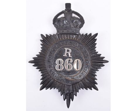 Metropolitan Police Helmet Plate ’R ’ Division Greenwich,  Kings crown, black star, white metal ‘R 860’ centre, complete with