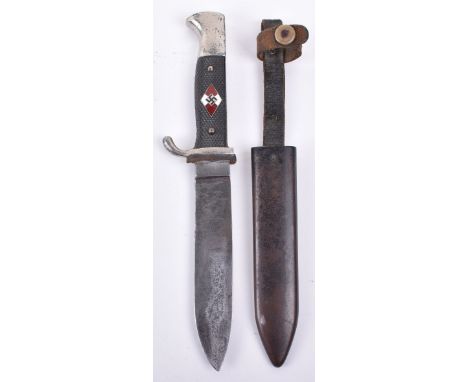 Third Reich Hitler Youth Boys Dagger by H &amp; F Lauterjung, untouched example with two piece chequered grips having enamel 