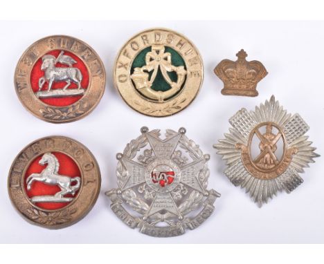 5x Other Ranks Helmet Plate Centres, consisting of examples for Liverpool regiment, Royal Scots, Border regiment, West Surrey