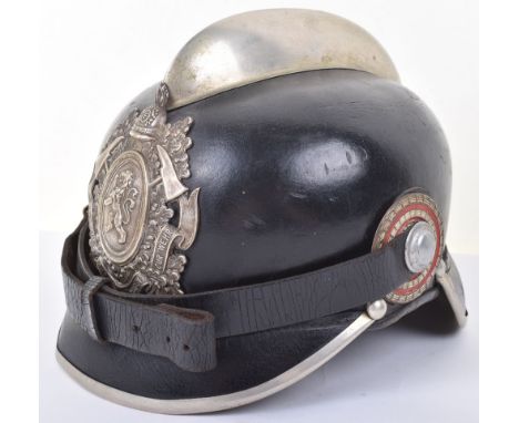 Imperial German Hessian Fireman’s Pickelhaube Style Helmet, fine leather bodied helmet with white metal central helmet plate 