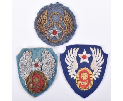 WW2 American 8th and 9th Air Force Patches, fine bullion embroidered 8th Air Force patch on blue / grey cloth. Heavy bullion 
