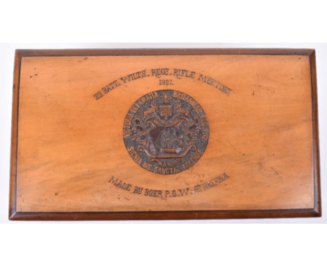 Presentation Tea Cady of Boer War Wiltshire Regiment Interest, fine rectangular wooden tea caddy which has finely carved reli