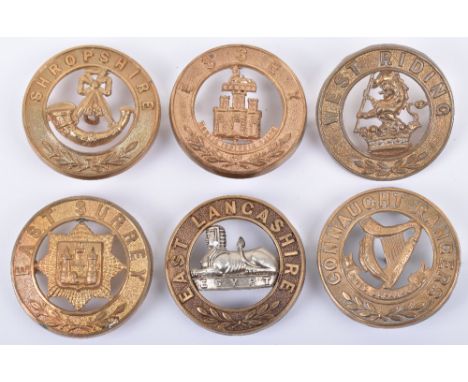 6x Other Ranks Helmet Plate Centres, consisting of examples for East Lancashire regiment, Connaught Rangers, Shropshire LI, E