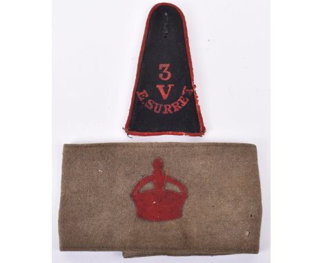 WW1 British Derby Scheme Armband, khaki wool example with red felt crown to the centre. General service buttons to the revers