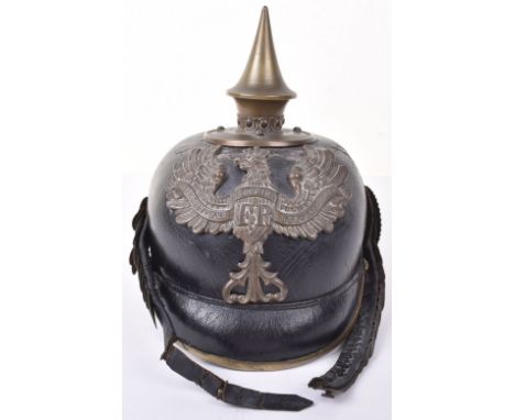 Imperial German Prussian NCO’s Pickelhaube, leather bodied helmet shell fitted with brass Prussian eagle helmet plate (damage