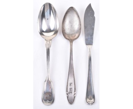Waffen-SS Officers Mess Cutlery, consisting of a fish knife with deeply struck SS runes within oakleaf wreath, large spoon wi