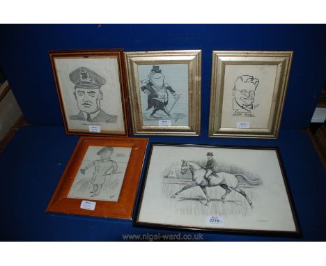 Four caricature pencil Drawings, two depicting military personnel and one of Mister Toad, all initialled RWB, etc. along with