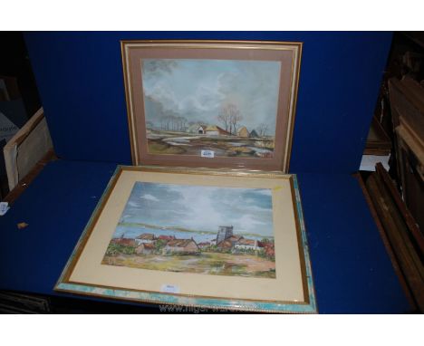 A framed and mounted coloured Pastel Drawing depicting a Homestead by stream, indistinctly signed lower left along with a fra