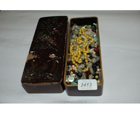 A mother of pearl and lacquered Box together with beads (box a/f)