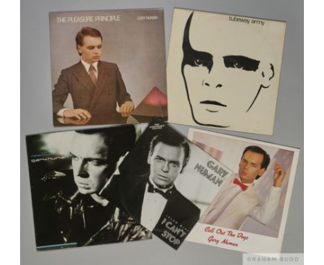 Five vinyl records by Gary Numan, including the Tubeway Army album, The Pleasure Principle, Metal Rhythm, Call Out The Dogs a