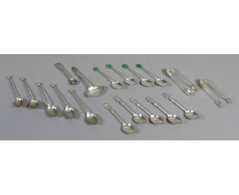 A quantity of spoons mostly silver and including Chinese faux bamboo teaspoons with jade coloured hardstone terminals.