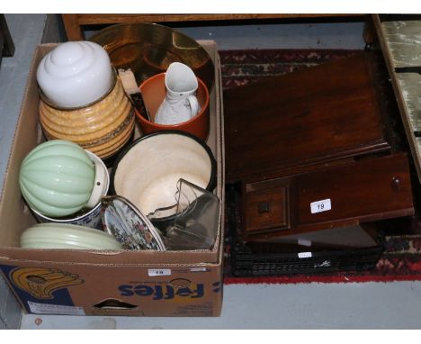 Two boxes of miscellaneous including mixed ceramics, metalwares, Victorian wooden storage boxes, Art Deco light shades etc.