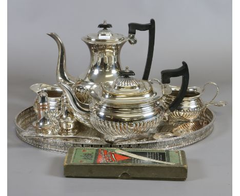 A Viners silver plated tea service on tray and other silver plate including salt and pepper shakers etc.