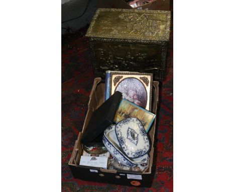 A brass bound coalbox and a box of miscellaneous including a pottery tureen and vintage tin etc.