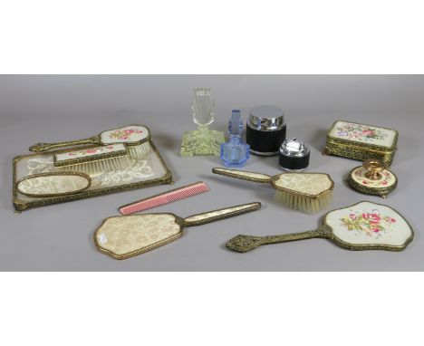 Two Art Deco coloured glass scent bottles, along with an Art Deco desk lighter and cigarette dispenser and vintage dressing t