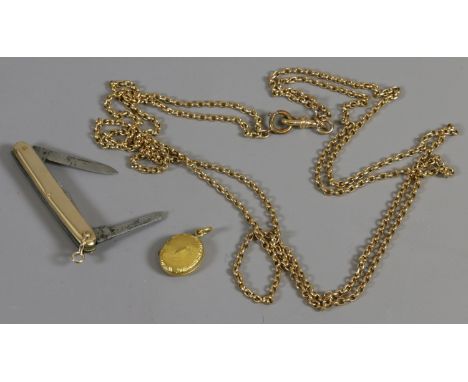 A yellow metal double row long belcher chain, an engine turned ovoid locket and a yellow metal multi blade pocket knife.
