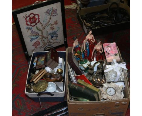 Two boxes of miscellaneous including The Leonardo collection figurines, Royal Worcester, tourist wares, mixed metalwares, mus