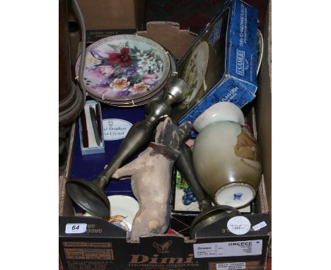 A box of miscellaneous including Danbury Mint collectors plates with certificates, Bass & Co. pub jug, Pelham puppet and Roya