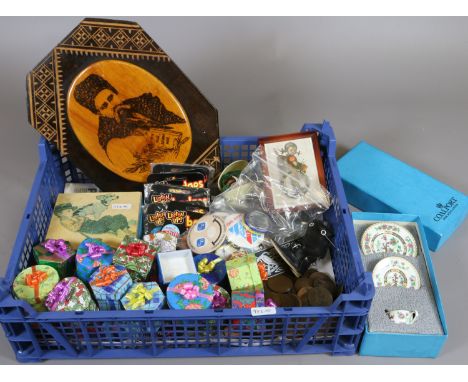 A tray of collectables to include a wooden plaque of a Russian, music box and contents of costume jewellery, small collection