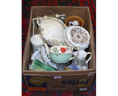A box of miscellaneous including Spode, Commemorative ware, Masons, Minton retro onyx effect telephone, glassware etc,