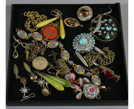 A tray of costume jewellery including vintage Albert pieces; micro mosaic watch chain, earrings and brooches set with coloure