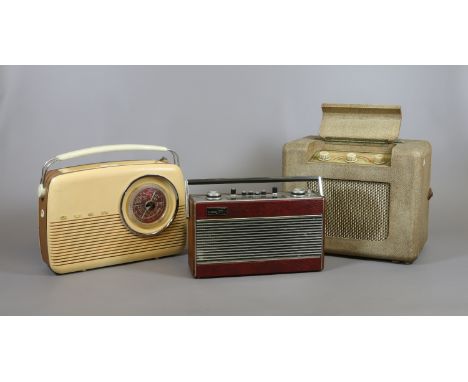 Three vintage portable radios including a Bush valve radio, Roberts R606 and a Bush transistor example.