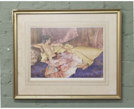 After Sir William Russell Flint gilt framed print of a reclining nude, artist blind proof stamp and monogram in pencil.