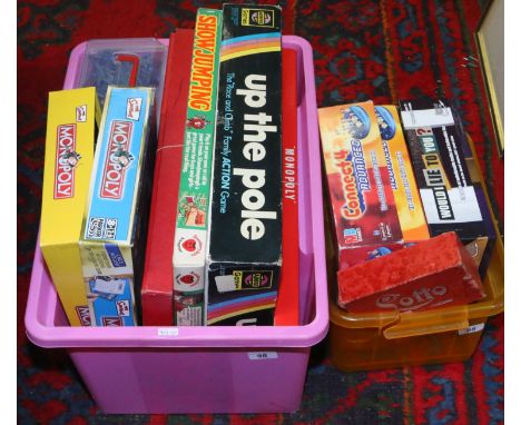 Two boxes of assorted childrens games Connect Four, Monopoly, Up The Pole race game and a box of plastic soldiers.