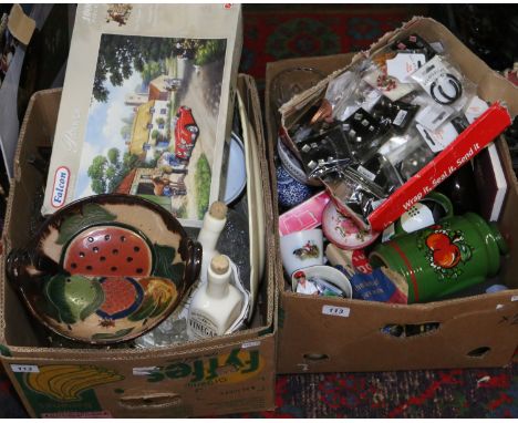 Two boxes of mixed ceramics, glasswares and collectables including vintage boxed projector lamps, tourist wares, Denby, studi