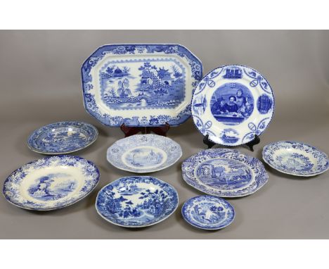 A Masons chinoiserie printed rectangular dish and quantity of other blue and white pottery plates including Spode, Lanercost 
