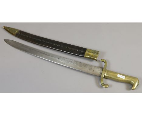 A Prussian army short sword with leather scabbard and having brass hilt. Stamp marks to the hilt and scabbard mount.