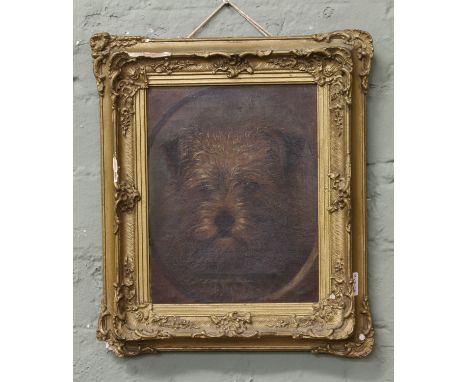 A C19th gilt framed oil on canvas portrait of a terrier, unsigned, 24cm x 19cm.   Condition Report. To be used as a guide onl