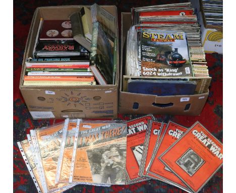 Two boxes of reference books, vintage magazines, novels etc to include Railway interest, crafts, the second great war, record