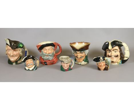 Seven Royal Doulton character jugs Captain Henry Morgan, Robin Hood, Dick Turpin, Falstaff, Sancho Panca, The Poaches and Lon