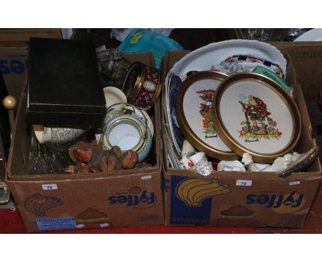 Two boxes to include ceramics, glass, teawares, fruit bowls, commemorative wares, plaster cast wall hanging and framed needle