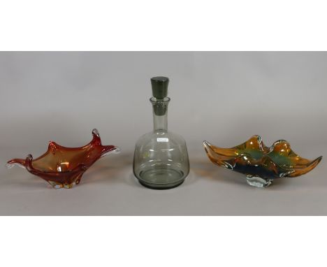Two art glass bowls, smoke glass decanter and a plywood miniature wardrobe.