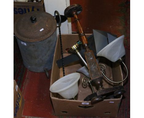 A carved oak smokers stand, three branch hanging lamp, wall lantern, candle pricket and a tea urn.