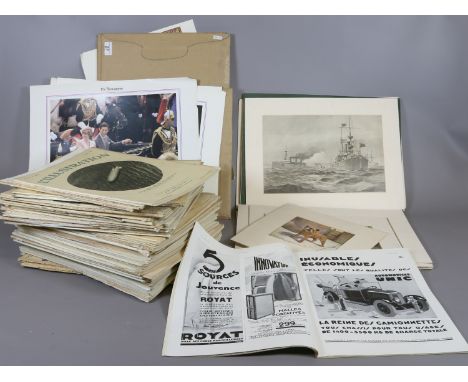 A quantity of vintage French magazines L'Illustration along with several mounted prints and Royal ephemera.