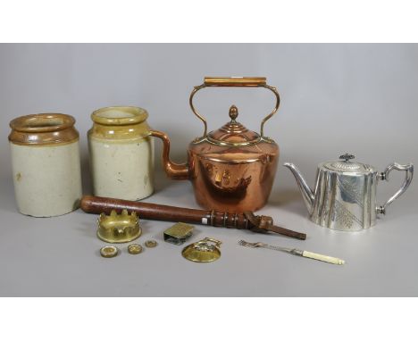 A lot of decorative collectables including stoneware storage jars, a large copper kettle, a vintage wooden truncheon, bone ha