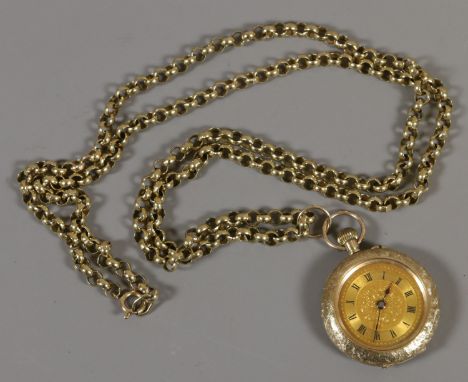 A 9 carat gold fob watch with engraved case and having a gilded dial with black enamel Roman numeral markers, along with a ye